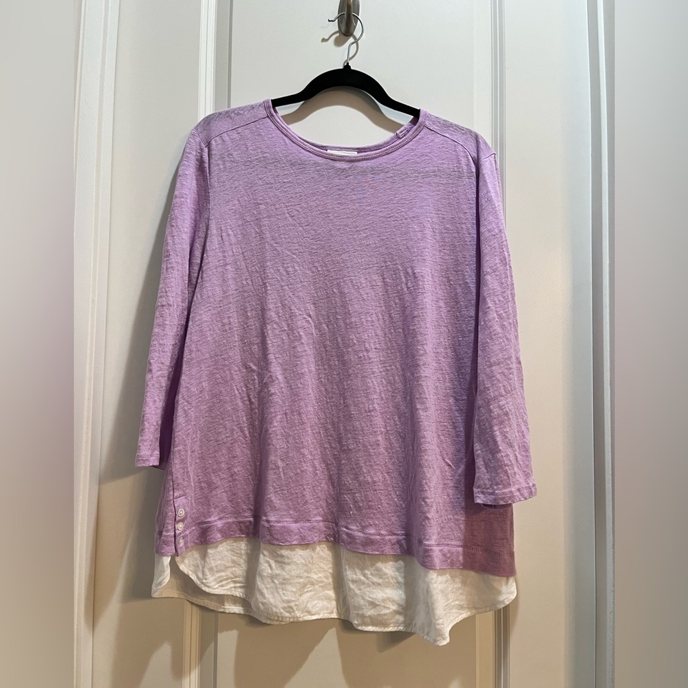 J Jill Love Linen Top Women's Large Lavender White Layered Button Accent.